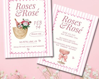Valentines Day Invite & Cocktail Menu, Pink Brunch Party Invitation, Galentines Editable Canva Template