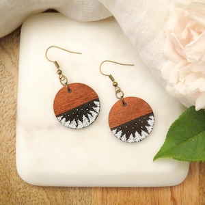 Boho Earrings, Hand Painted Earrings, Drop Earrings, Pine Forest, Woodland, Wooden Earrings, Snowy Forest Earrings, Bohemian Jewellery