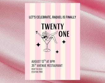 Invitación imprimible para fiesta de cumpleaños número 21 de Pink Martini Girl
