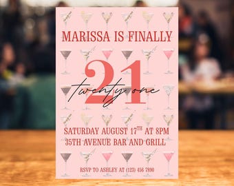 21st Birthday Invitation Template | Editable Finally 21 21 Years Birthday Party Invite | Pink and Red Martini Birthday Invite