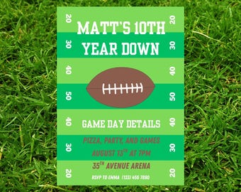May include: A green and white football-themed party invitation with a brown football graphic. The invitation includes the text "MATT'S 10TH YEAR DOWN" and "GAME DAY DETAILS" with event information. The background is green grass.