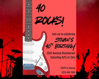 May include: Red and white electric guitar graphic on a red background. Text reads "40 ROCKS!" and invites guests to Steven's 40th birthday at 35th Avenue Restaurant. RSVP information is included.
