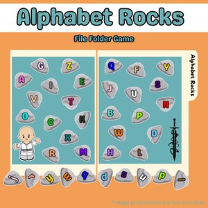 May include: A colorful educational game titled "Alphabet Rocks" with the text "File Folder Game." The game features illustrated rocks with letters of the alphabet, a small cartoon character, and a sword illustration. The background is a light blue.