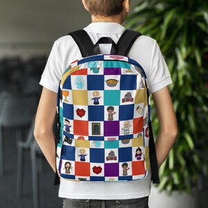 May include: A colorful backpack with a repeating pattern of cartoon figures on a checkered background. The backpack has black straps and a white background. The pattern includes figures in various colors and designs, creating a playful and eye-catching design.