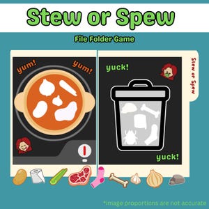 以下が含まれることがあります： 「Stew or Spew」というタイトルのファイルフォルダーゲームで、漫画のイラストが描かれています。片側には「yum！」のラベルが付いたシチューの鍋、もう片側には「yuck！」のラベルが付いたゴミ箱が描かれています。さまざまな食べ物やオブジェクトのイラストが含まれています。