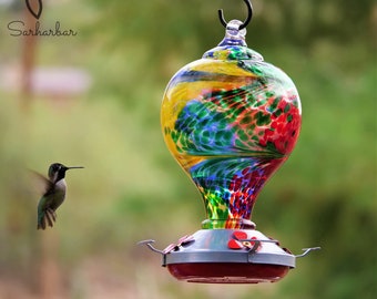 Hummingbird Feeder With Perch Hand Blown Glass Orange Wide Mouth Reservoir 