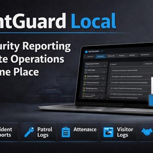 Puede incluir: Una computadora portátil muestra la interfaz "AntGuard Local", diseñada para informes de seguridad y operaciones en el sitio. La pantalla muestra una interfaz de software con varios campos de datos. Se ven iconos de informes de incidentes, registros de patrulla y registros de visitantes. También hay un botón de "Descarga digital".