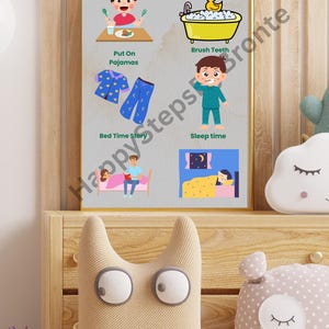 May include: A framed print with a gold border, depicting a child's bedtime routine. The routine includes eating dinner, taking a bath, putting on pajamas, brushing teeth, reading a bedtime story, and sleeping. The text "Happy Steps Bronte" is visible.