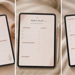Puede incluir: Una serie de planificadores de estudio digitales que se muestran en tabletas. La primera tableta muestra el título "The Simple Study Planner" con texto debajo. Otras tabletas muestran páginas para notas de estudio, planes diarios, un calendario mensual y una revisión semanal.