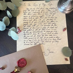 May include: A handwritten letter on aged paper with the text "To The Love of My Life." An envelope with a red wax seal and a sealing stamp are next to the letter. Eucalyptus leaves and dried rosebuds are scattered around.