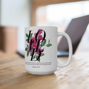 Loved Floral Mug: Watercolor Rose Design, Inspirational Bible Verse