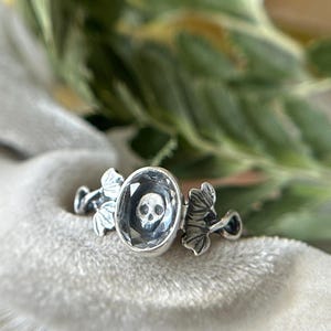 Quartz skull & ivy ring - memento mori mourning jewelry made from sterling silver  silversmith made oval hexagon or round ring
