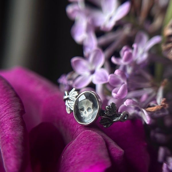 Quartz skull with ivy ring memento mori sterling silver handmade ring skull under stone silversmith