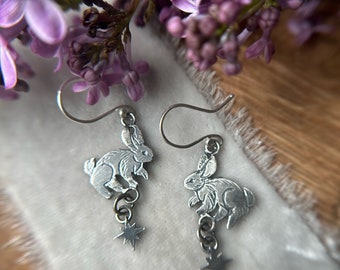 Star bunny rabbit earrings night sky dangle rainbow moonstone labradorite charm metalsmith silversmith handcrafted jewelry