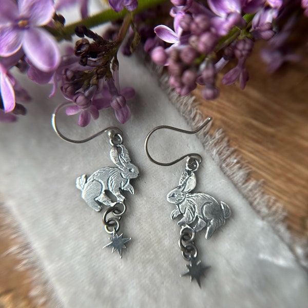 Star bunny rabbit earrings night sky dangle rainbow moonstone labradorite charm metalsmith silversmith handcrafted jewelry