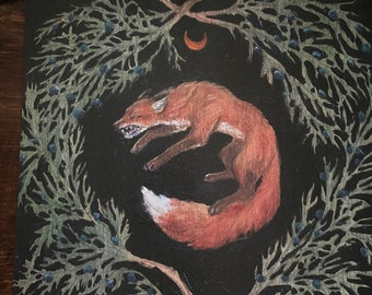 Art Print fox and cedar juniper branches animal watercolor oil painting wood texture print copper metallic moon detail