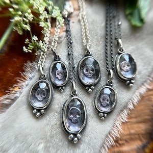 custom engraved skull necklace with amethyst - memento mori gothic handmade sterling silver mourning jewelry made to order