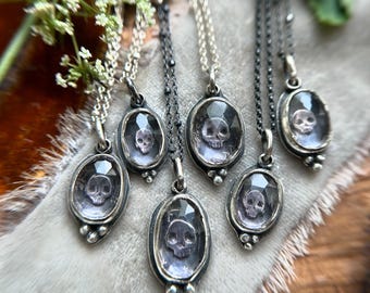 Memento mori skull necklace with amethyst - gothic handmade sterling silver mourning jewelry