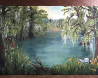 Swamp Landscape Art Print: Golden Hour Oil Painting, Heron & Ibis