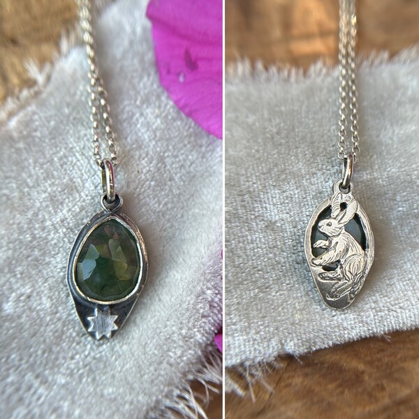 Collier Lapin étoilé en agate mousse en argent sterling Pendentif en orfèvrerie Lapin ciel nocturne