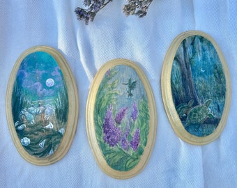 Miniature original nature watercolor paintings on wood oval plaque nature lowcountry swamp turtle ghost crab lilac hummingbird