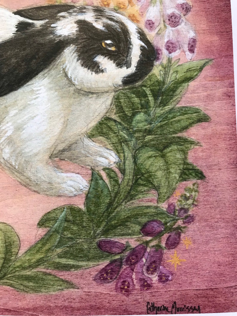 May include: A painting of a black and white rabbit with amber eyes positioned next to green leaves and purple foxglove flowers on a textured mauve background. The artist signature Catherine Morrissey is visible in the bottom right corner.