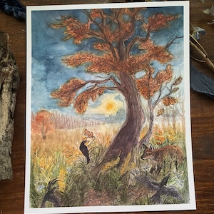 Art print  and crows under the harvest moon  watercolor painting illustration nature gift idea Halloween fall wildflowers oak tree 8x10