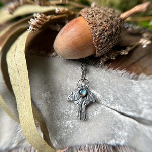 Luna moth necklace with rainbow moonstone or labradorite sterling silver handmade engraved jewelry silversmith made