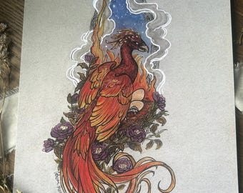 Phoenix Art Print: Hand-Painted Gold Ink, Purple Roses (5x7/8x10)