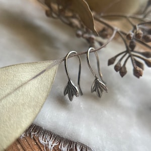 Sterling silver leaf sprig earrings mini dangle drop engraved everyday wear jewelry