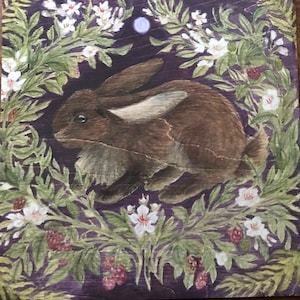 Rabbit Art Print: Blackberry Vines, Moon, Watercolor Painting (8x8 Square)
