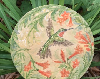 Hummingbird, honeysuckle, and red trumpet flowers original watercolor painting on round wood panel metallic gold