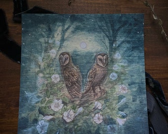 Art Print of barn owls and moonflowers  woodland animal watercolor painting wood texture print