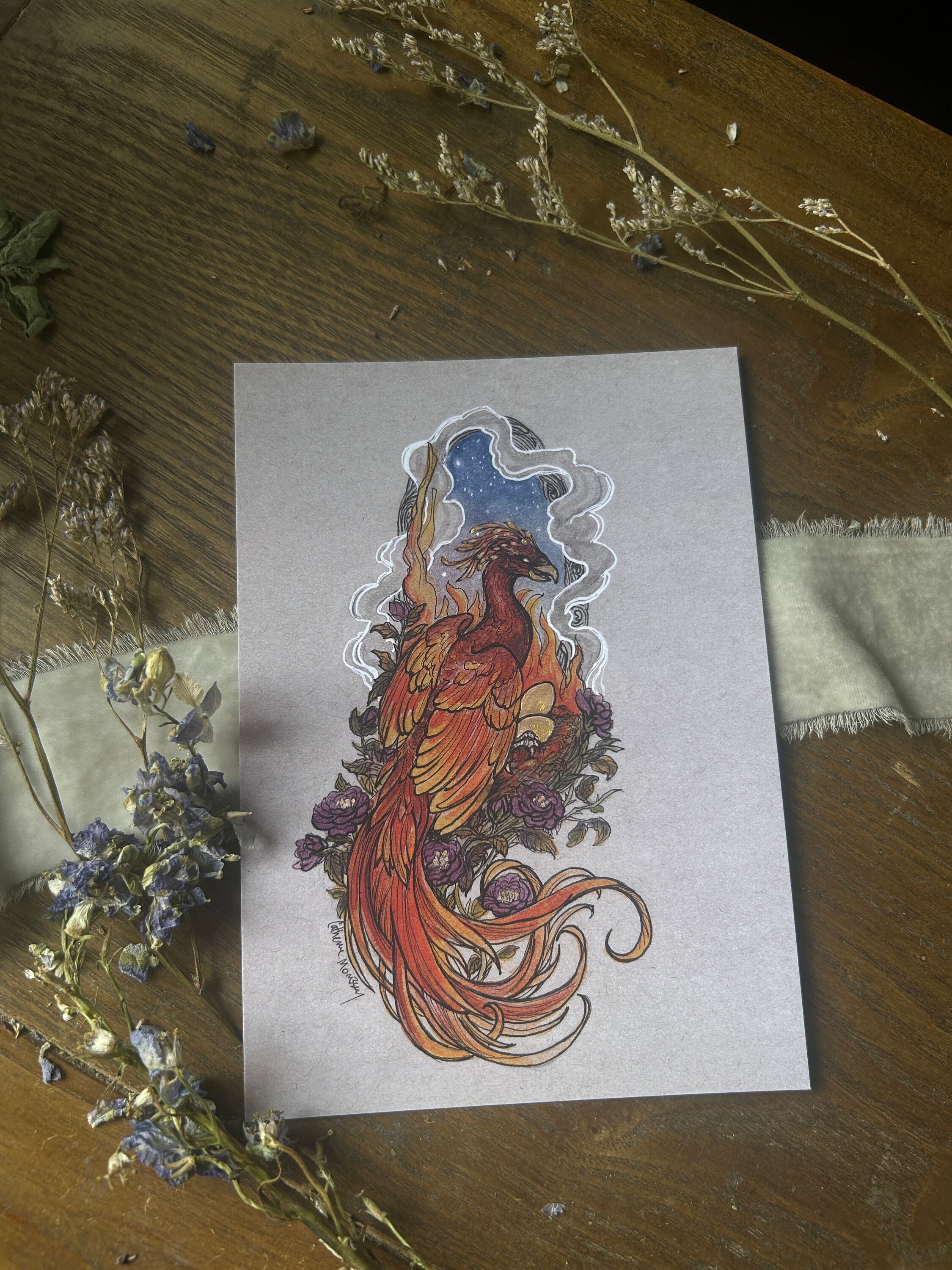 Phoenix Art Print 5x7 and 8x1 Inches Painting Drawing Purple