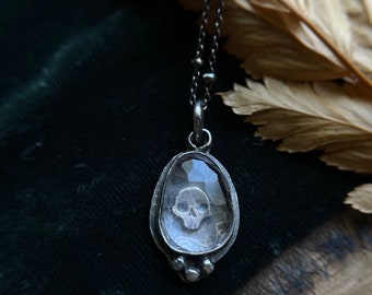 Amethyst skull necklace memento mori inspired gothic sterling silver metalsmith made jewelry