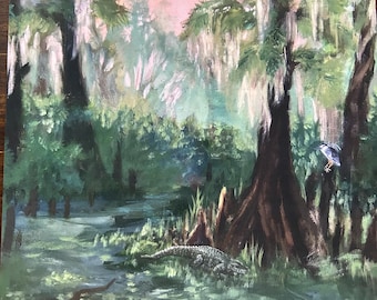 Twilight Swamp Art Print: Alligator, Heron & Cypress Tree Painting
