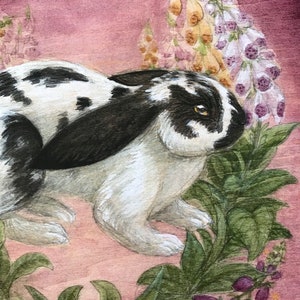 May include: A painting of a black and white spotted rabbit with long ears, positioned among green leaves and tall stalks of purple and white foxglove flowers against a dusty rose background with a small golden crescent moon in the upper corner.