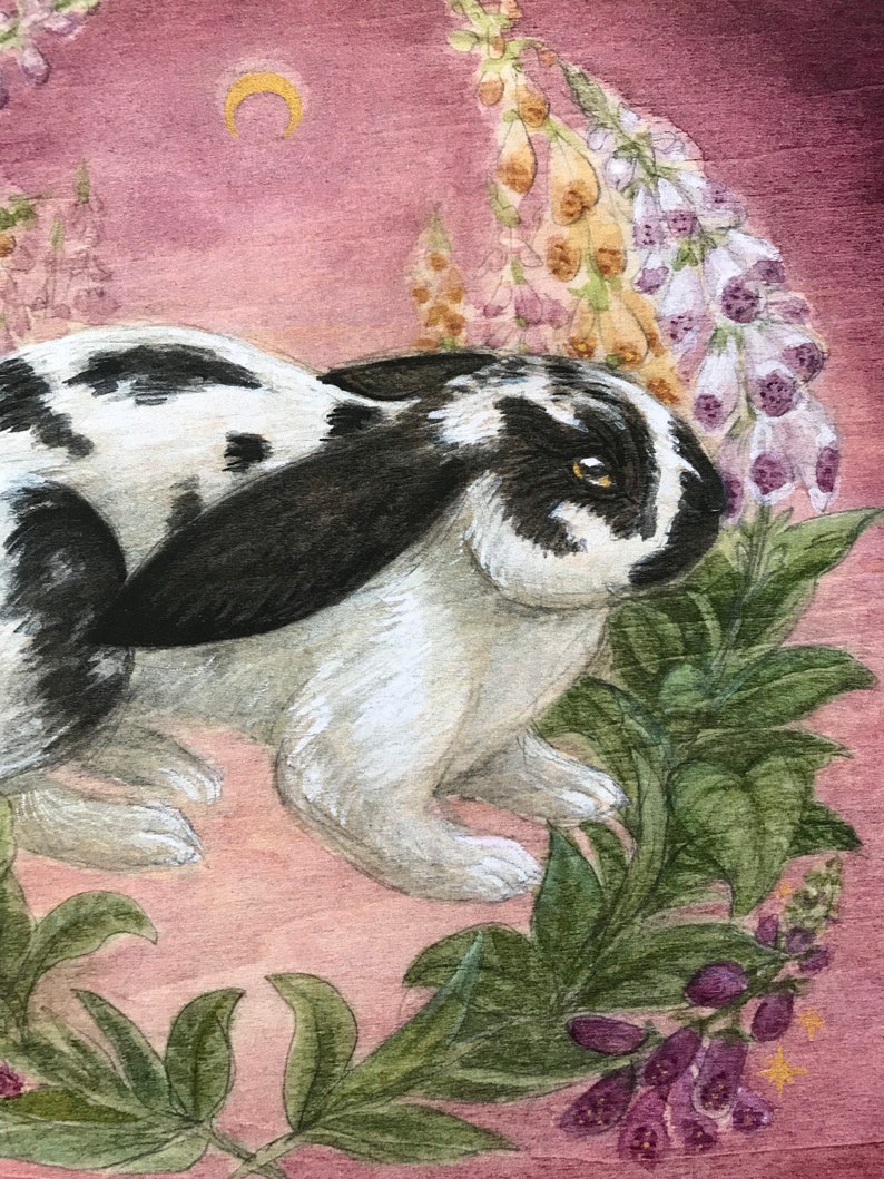 May include: A painting of a black and white spotted rabbit with long ears, positioned among green leaves and tall stalks of purple and white foxglove flowers against a dusty rose background with a small golden crescent moon in the upper corner.