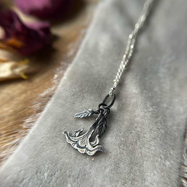 Datura moonflower necklace sterling silver night flower leaf jewelry nature metalsmith made delicate jewelry