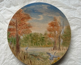 Swamp in autumn with  bald Cyprus trees heron and turtles original watercolor painting on round wood panel