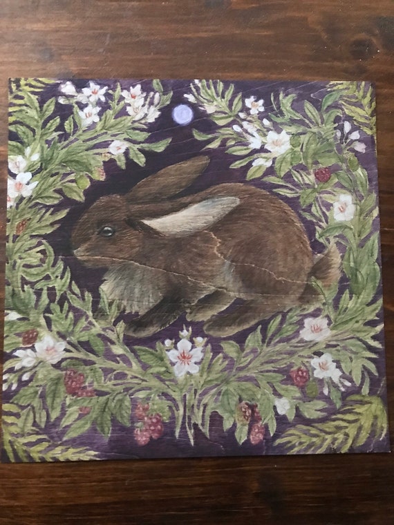 Art Print Rabbit Blackberry Painting Wood Texture Bramble - Etsy
