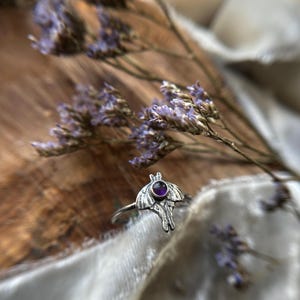 Luna Moth Sterling Silver Ring choice of gemstones in Moonstone, Labradorite, moss agate, garnet