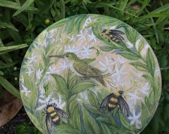 Hummingbird, bees, and star jasmine original watercolor painting on round wood panel