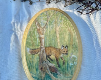 Red fox by stream original watercolor painting on wood original art oval plaque forest woodlands