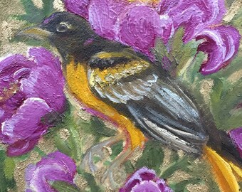 Oriole and peony flower art original oil painting gold metallic bird garden art flowers wood panel art nature floral diamond