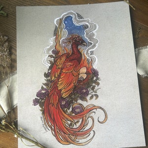Phoenix art print 5x7 and 8x1 inches painting drawing purple roses metallic gold ink hand painted fantasy animal bird mythical illustration
