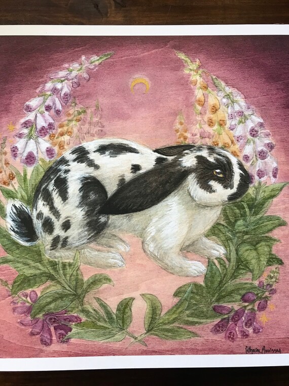 rabbit with foxglove flowers art print- watercolor painting black and white bunny animal illustration