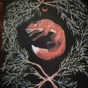 Pouncing Red Fox with moon and cedar juniper branches with metallic hand painted detail- square print
