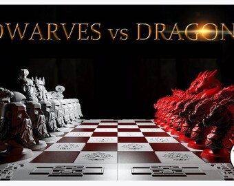 May include: A chessboard with white and red squares. The pieces are sculpted to look like dwarves and dragons. The text "DWARVES vs DRAGONS" is at the top of the board.