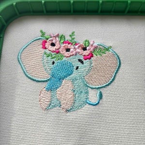 Baby Elephant with Flower Crown Embroidery Design, Cute Animal Machine Embroidery File, Floral Elephant Embroidery Pattern